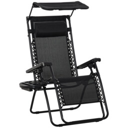 Outsunny Zero Gravity Garden Deck Folding Chair Patio Sun Lounger Reclining Seat with Cup Holder & Canopy Shade - Black - Aosom UK - thumbnail 1