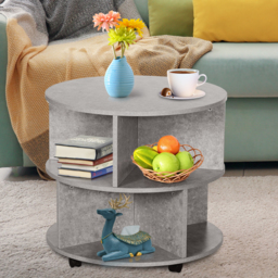 HOMCOM 2 Tier Round Side End Table Coffee Desk with Divided Shelves Tea Table Storage Unit Living Room Organiser with Wheels - Cement colour - thumbnail 7