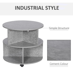HOMCOM 2 Tier Round Side End Table Coffee Desk with Divided Shelves Tea Table Storage Unit Living Room Organiser with Wheels - Cement colour - thumbnail 5