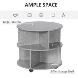 HOMCOM 2 Tier Round Side End Table Coffee Desk with Divided Shelves Tea Table Storage Unit Living Room Organiser with Wheels - Cement colour - thumbnail 4