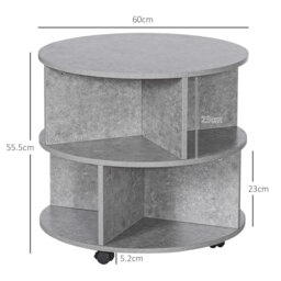 HOMCOM 2 Tier Round Side End Table Coffee Desk with Divided Shelves Tea Table Storage Unit Living Room Organiser with Wheels - Cement colour - thumbnail 3