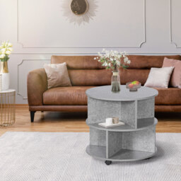 HOMCOM 2 Tier Round Side End Table Coffee Desk with Divided Shelves Tea Table Storage Unit Living Room Organiser with Wheels - Cement colour - thumbnail 2