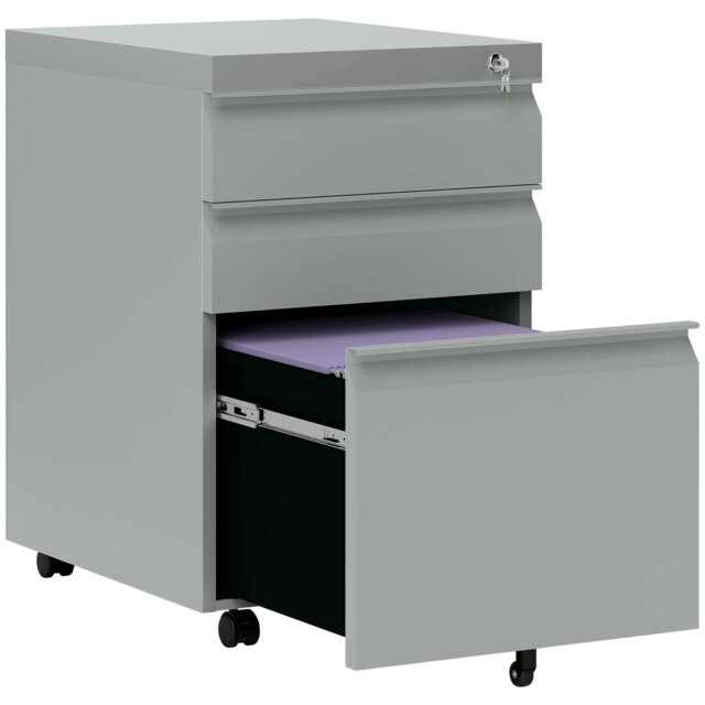 Vinsetto 3 Drawer Filling Cabinet, Mobile Metal File Cabinet with Anti-tilt Design for Letter, A4, Legal Size, Grey - Aosom UK - image 1