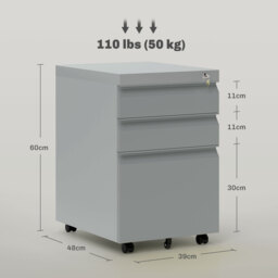 Vinsetto 3 Drawer Filling Cabinet, Mobile Metal File Cabinet with Anti-tilt Design for Letter, A4, Legal Size, Grey - Aosom UK - thumbnail 3