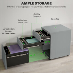 Vinsetto 3 Drawer Filling Cabinet, Mobile Metal File Cabinet with Anti-tilt Design for Letter, A4, Legal Size, Grey - Aosom UK - thumbnail 4