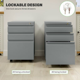 Vinsetto 3 Drawer Filling Cabinet, Mobile Metal File Cabinet with Anti-tilt Design for Letter, A4, Legal Size, Grey - Aosom UK - thumbnail 6