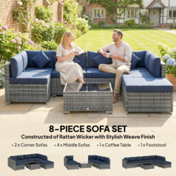 Outsunny 8 Pieces PE Rattan Corner Sofa Set, Outdoor Garden Furniture Set, Patio Wicker Sofa Seater with Cushion, Dark Blue - Aosom UK - thumbnail 6