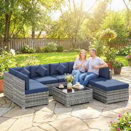 Outsunny 8 Pieces PE Rattan Corner Sofa Set, Outdoor Garden Furniture Set, Patio Wicker Sofa Seater with Cushion, Dark Blue - Aosom UK - thumbnail 2