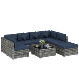 Outsunny 8 Pieces PE Rattan Corner Sofa Set, Outdoor Garden Furniture Set, Patio Wicker Sofa Seater with Cushion, Dark Blue - Aosom UK