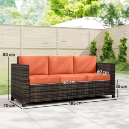 Outsunny 3 Seater Rattan Sofa All-Weather Wicker Weave Metal Frame Chair with Fire Resistant Cushio-Orange - thumbnail 3
