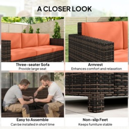 Outsunny 3 Seater Rattan Sofa All-Weather Wicker Weave Metal Frame Chair with Fire Resistant Cushio-Orange - thumbnail 6