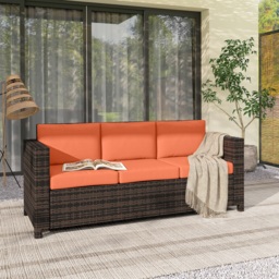 Outsunny 3 Seater Rattan Sofa All-Weather Wicker Weave Metal Frame Chair with Fire Resistant Cushio-Orange - thumbnail 8