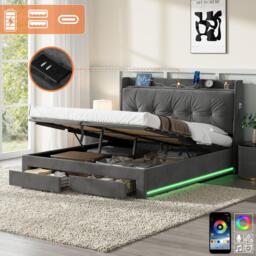 5ft King Ottoman Bed Frame with Two Drawers and Side Pockets, Velvet Upholstered Headboard for Living Room, 213L x 155W x 111H cm, Grey - Aosom UK - thumbnail 7