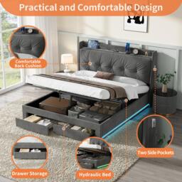 5ft King Ottoman Bed Frame with Two Drawers and Side Pockets, Velvet Upholstered Headboard for Living Room, 213L x 155W x 111H cm, Grey - Aosom UK - thumbnail 4