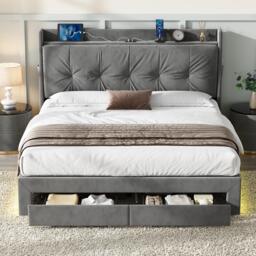 5ft King Ottoman Bed Frame with Two Drawers and Side Pockets, Velvet Upholstered Headboard for Living Room, 213L x 155W x 111H cm, Grey - Aosom UK - thumbnail 8