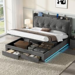 5ft King Ottoman Bed Frame with Two Drawers and Side Pockets, Velvet Upholstered Headboard for Living Room, 213L x 155W x 111H cm, Grey - Aosom UK