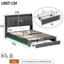 5ft King Ottoman Bed Frame with Two Drawers and Side Pockets, Velvet Upholstered Headboard for Living Room, 213L x 155W x 111H cm, Grey - Aosom UK - thumbnail 3