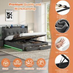 5ft King Ottoman Bed Frame with Two Drawers and Side Pockets, Velvet Upholstered Headboard for Living Room, 213L x 155W x 111H cm, Grey - Aosom UK - thumbnail 6