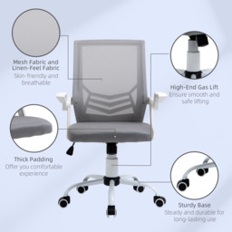 Vinsetto Home Office Chair and Computer Desk Set, Mesh Chair with with 90° Flip-up Armrest, Study Desk with Keyboard Tray and Drawer, White and Grey - thumbnail 6