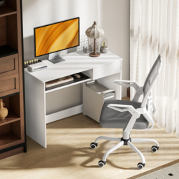 Vinsetto Home Office Chair and Computer Desk Set, Mesh Chair with with 90° Flip-up Armrest, Study Desk with Keyboard Tray and Drawer, White and Grey - thumbnail 2