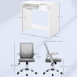 Vinsetto Home Office Chair and Computer Desk Set, Mesh Chair with with 90° Flip-up Armrest, Study Desk with Keyboard Tray and Drawer, White and Grey - thumbnail 3