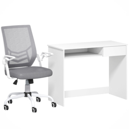 Vinsetto Home Office Chair and Computer Desk Set, Mesh Chair with with 90° Flip-up Armrest, Study Desk with Keyboard Tray and Drawer, White and Grey - thumbnail 1