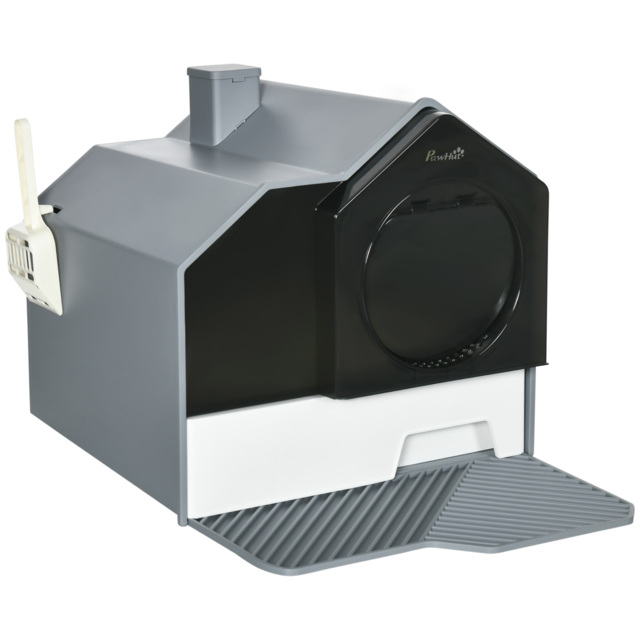PawHut Cat Litter Box with Scoop, Enclosed Cat Toilet with Pull-Out Drawer, Odour Control & Easy Clean, Slate Grey - Aosom UK - image 1