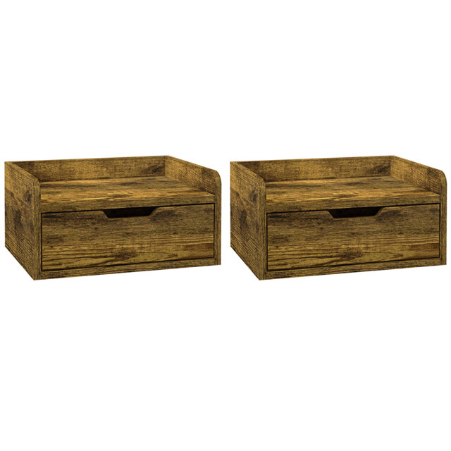 HOMCOM Floating Nightstand Set of 2 Wall Mounted Bedside Table with Storage Drawer for Bedroom, Rustic Brown - Aosom UK - image 1