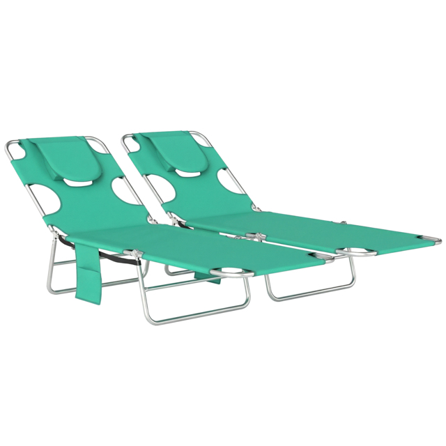 Outsunny 5-Position Adjustable Sun Loungers Set of 2 with Reading Hole and Side Pocket, Green - image 1