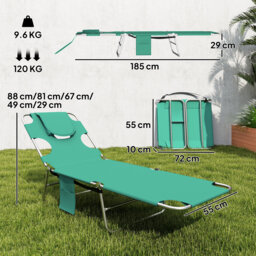 Outsunny 5-Position Adjustable Sun Loungers Set of 2 with Reading Hole and Side Pocket, Green - thumbnail 3