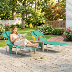Outsunny 5-Position Adjustable Sun Loungers Set of 2 with Reading Hole and Side Pocket, Green - thumbnail 2