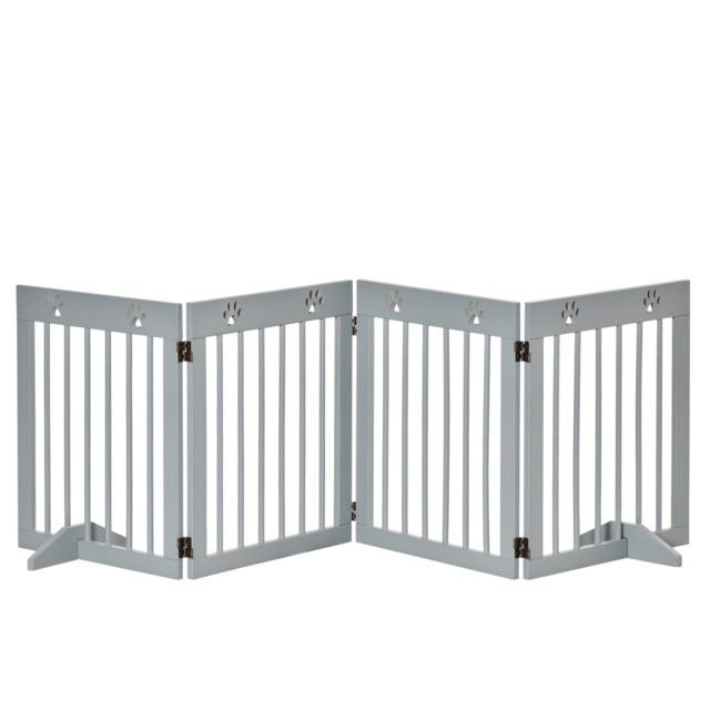 PawHut Pet Gate 4 Panel Wooden Dog Barrier Freestanding Folding Safety Fence with Support Feet up to 204cm Long 61cm Tall Light Grey - image 1