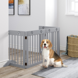 PawHut Pet Gate 4 Panel Wooden Dog Barrier Freestanding Folding Safety Fence with Support Feet up to 204cm Long 61cm Tall Light Grey - thumbnail 2