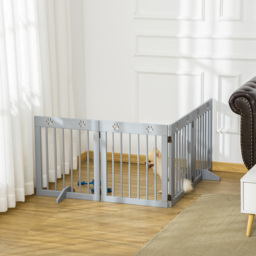 PawHut Pet Gate 4 Panel Wooden Dog Barrier Freestanding Folding Safety Fence with Support Feet up to 204cm Long 61cm Tall Light Grey - thumbnail 7