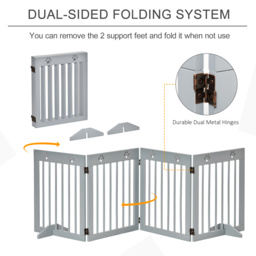 PawHut Pet Gate 4 Panel Wooden Dog Barrier Freestanding Folding Safety Fence with Support Feet up to 204cm Long 61cm Tall Light Grey - thumbnail 4