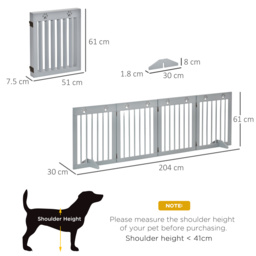 PawHut Pet Gate 4 Panel Wooden Dog Barrier Freestanding Folding Safety Fence with Support Feet up to 204cm Long 61cm Tall Light Grey - thumbnail 3