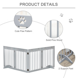 PawHut Pet Gate 4 Panel Wooden Dog Barrier Freestanding Folding Safety Fence with Support Feet up to 204cm Long 61cm Tall Light Grey - thumbnail 6