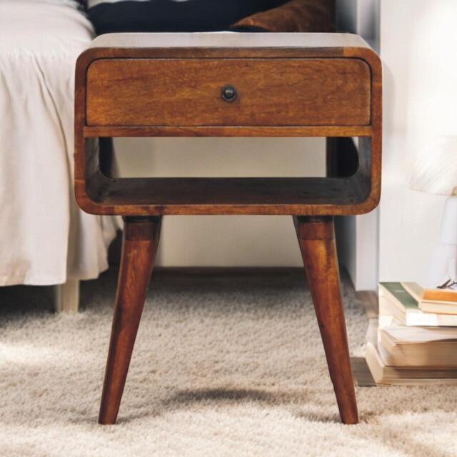Solid Mango Wood Bedside Table with Spacious Drawer and Open Shelf, Nightstand with Minimalist Circular Profile, 35L x 45W x 56H cm, Brown - Aosom UK - image 1