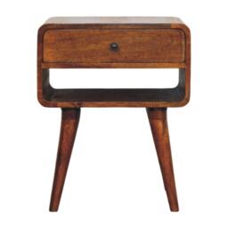 Solid Mango Wood Bedside Table with Spacious Drawer and Open Shelf, Nightstand with Minimalist Circular Profile, 35L x 45W x 56H cm, Brown - Aosom UK - thumbnail 2