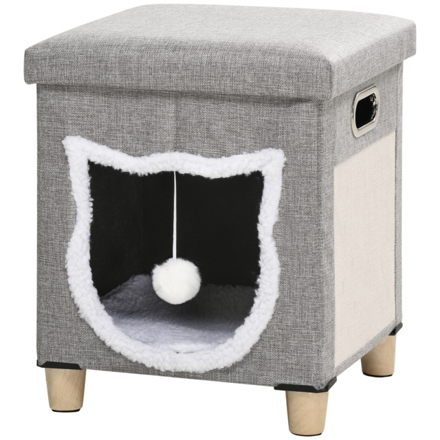 PawHut Cat Ottoman Bed 2-in-1, Cosy Cave with Cushion, Scratcher, Handles, Anti-Slip, Toy Ball, Grey - Aosom UK - image 1