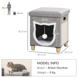 PawHut Cat Ottoman Bed 2-in-1, Cosy Cave with Cushion, Scratcher, Handles, Anti-Slip, Toy Ball, Grey - Aosom UK - thumbnail 3