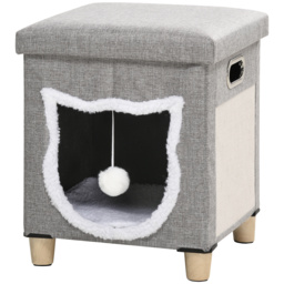 PawHut Cat Ottoman Bed 2-in-1, Cosy Cave with Cushion, Scratcher, Handles, Anti-Slip, Toy Ball, Grey - Aosom UK - thumbnail 1