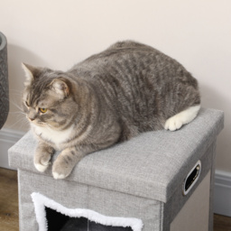 PawHut Cat Ottoman Bed 2-in-1, Cosy Cave with Cushion, Scratcher, Handles, Anti-Slip, Toy Ball, Grey - Aosom UK - thumbnail 9