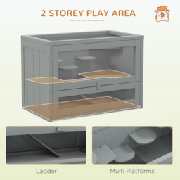 PawHut Wooden Hamster Cage Mouse Mice Rodent Small Animals Hutch Exercise Play House 60 x 35 x 42cm, Grey - thumbnail 4