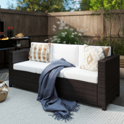 Outsunny 3 Seater All Weather Outdoor Sofa, Weatherproof Outdoor Sofa with Wicker Weave Metal Frame and Fire Resistant Cushion, Brown - Aosom UK - thumbnail 2