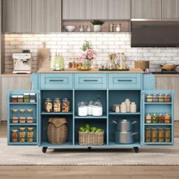 Stylish Kitchen Trolley with Foldable Wood-Grain Countertop, Versatile Buffet with Interchangeable Wheels, 139L x 46W x 91H cm, Blue - Aosom UK