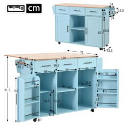 Stylish Kitchen Trolley with Foldable Wood-Grain Countertop, Versatile Buffet with Interchangeable Wheels, 139L x 46W x 91H cm, Blue - Aosom UK - thumbnail 3