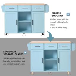 Stylish Kitchen Trolley with Foldable Wood-Grain Countertop, Versatile Buffet with Interchangeable Wheels, 139L x 46W x 91H cm, Blue - Aosom UK - thumbnail 7
