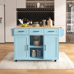 Stylish Kitchen Trolley with Foldable Wood-Grain Countertop, Versatile Buffet with Interchangeable Wheels, 139L x 46W x 91H cm, Blue - Aosom UK - thumbnail 9