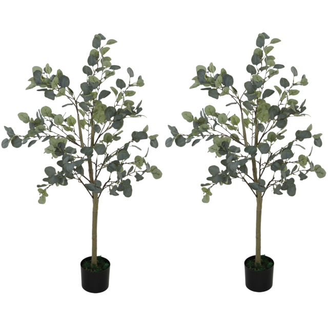 HOMCOM Set of 2 Decorative Artificial Plants, 4ft/ 120cm Silk Eucalyptus Trees with 230 Silver Dollar Leaves in Pot, Fake Plants for Home, Office, Living Room, Indoor Decor - image 1
